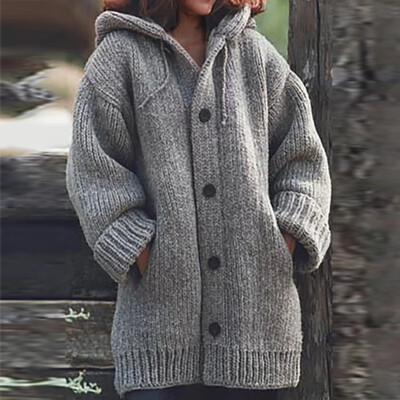 

Women Knitted Button Cardigan Coat Ladies Winter Warm Hooded Tops Jumper Sweater