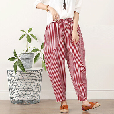 

Tailored Womens Cotton And Linen Plus Size Stripe Easy Haren Pants Broad Leg Pants