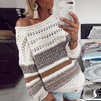 

Tailored Women Fashion Stripe Knitted O-Neck Hollow Out Long Sleeve Sweater Top Blouse