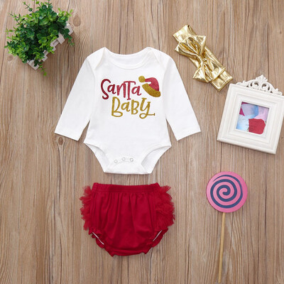 

3PC Newborn Baby Girls Christmas Letter Print RomperShortsHeadband Set Clothes