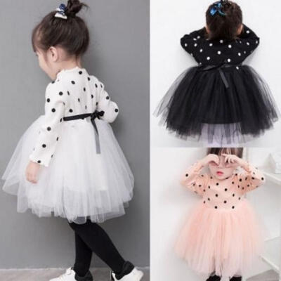 

Toddler Kids Baby Girls Long Sleeve Dot Lace Splice Mini Dress Princess Tulle Pary Tutu Dress