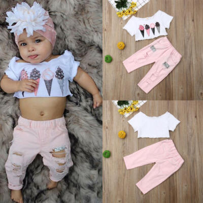 

USA Toddler Kids Baby Girl Summer Clothes Crop Tops Denim Long Pants Outfits Set