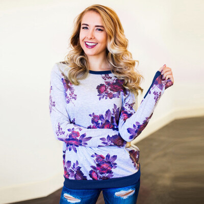 

Nomeni Fashion Womens Long Sleeve O Neck Floral Printed Sweatshirt Blouse Pullover