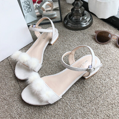 

Sandals female fairy wind summer womens shoes Korean version of wild thick with a word wool ball night shoes gentle shoes