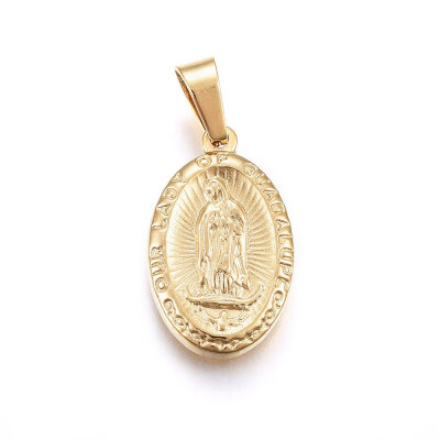 

304 Stainless Steel Pendants Oval with Our Lady Golden 23x14x3mm Hole 7x4mm