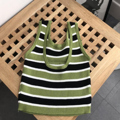 

Ladies Vintage Contrast Round Neck Sleeveless Top Stripe Ribbed Summer Knit Ms Mini Vest Summer