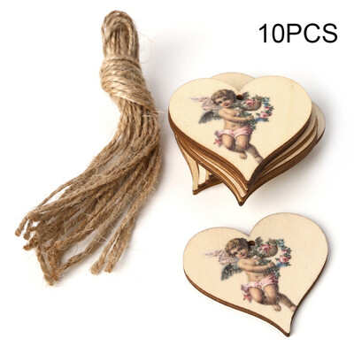 

10pcs Wooden Heart Hanging Plaque DIY Craft Rose Angel Wall Sign Rustic Wood Chips for Wedding Supplies Party Decoration