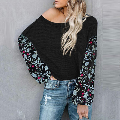 

Tailored Womens Floral Print Off The Shoulder V Neck Oversize Knit Shirt Tunic Tops Blous