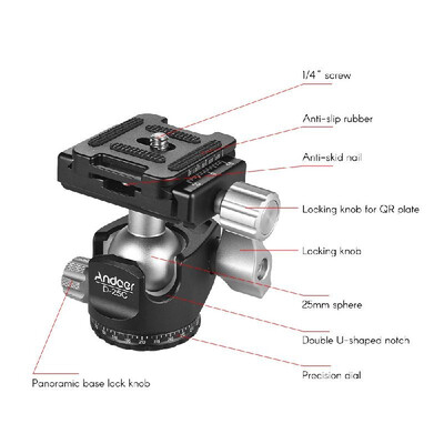 

Andoer D-25C CNC Machining Aluminum Alloy Double Notch Ball Head Mini Ballhead Low Center of Gravity for Manfrotto Tripod Monopod