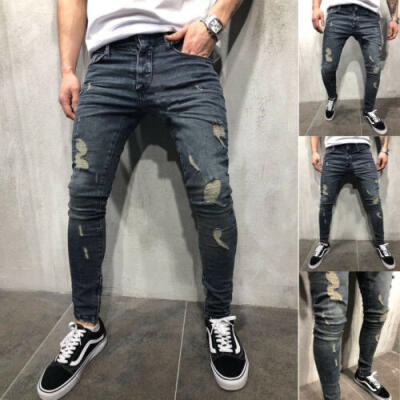 

Mens Denim Skinny Ripped Jeans Pants Casual Slim Fit Zipper Biker Jogger Trouser