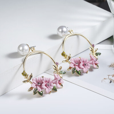 

Hyperbole Flower Drop Earrings For Women Round Flower Pendant Puck Pink Pending Gold Circle Pendientes Earring Female Jewelry