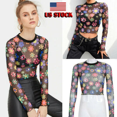 

US Women Mesh Net T-Shirt Transparent Blouse See-through Casual Tops Clubwear