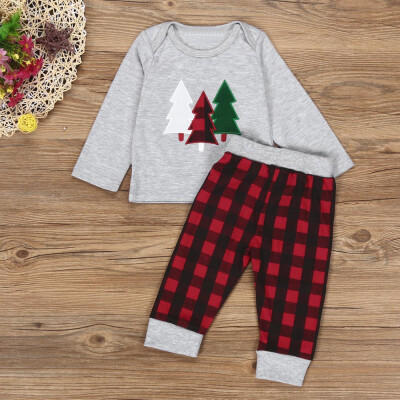 

Kids Baby Boy Long Sleeve Christmas Clothes Set T-shirtPlaid Pants 2PCS Outfits