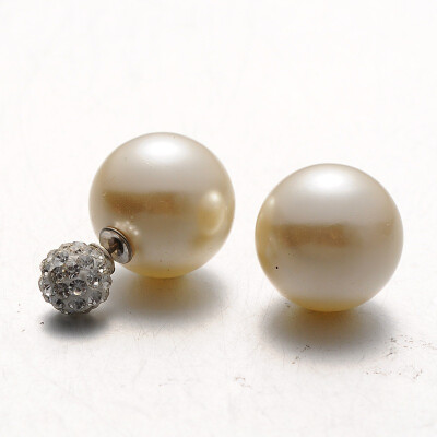 

Plastic Pearl with Polymer Clay Rhinestone Ball Stud Earrings BurlyWood 816mm Pin 08mm