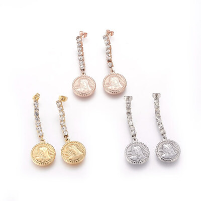 

304 Stainless Steel Dangle Stud Earrings with Rhinestone Round with Goddess Mixed Color 54mm Pin 08mm