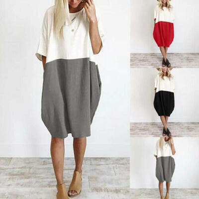 

Summer Womens Cotton Linen Color Block Short Sleeve Loose Pockets Tunic Dress