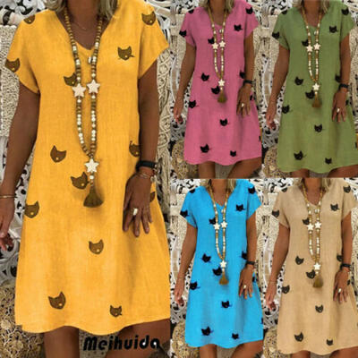 

UK Womens Summer Cotton Linen Baggy T-Shirt Dress Tops Ladies Sundress Size 6-24