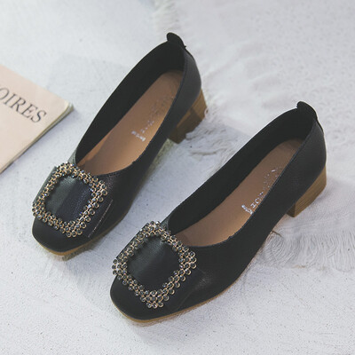 

Hollow shoes women 2019 spring Joker thick heel square rhinestone shallow one pedal bean shoes summer grandma shoes tide
