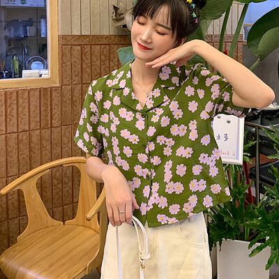 

Starmoon Fashion Women Top Beach Printing Shirt Short Sleeve Lapel Casual Loose Blouse