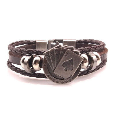 

Vintage Mens Leather Bracelet Playing Cards Charm Multilayer Braided Bracelet Charm