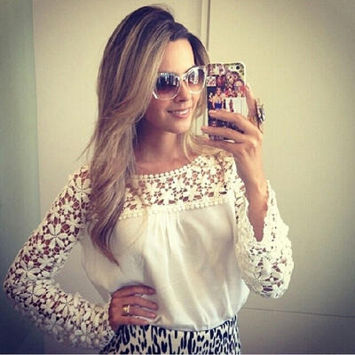 

New Fashion Women White Sleeve Embroidery Lace Crochet Shirt Casual Tops Blouse