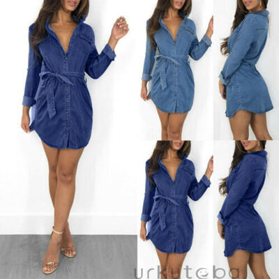 

Women Long Sleeve Button Up Pocket Denim Mini Dress With Belt Plus Shirt Dress