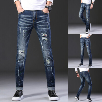 

Gobestart Mens Fashion Casual Denim Straight Hole Trouser Loose Jeans Long Pants