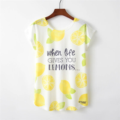 

Nomeni Womens Lemon Letter Print Short Sleeve Loose T-Shirt Blouse