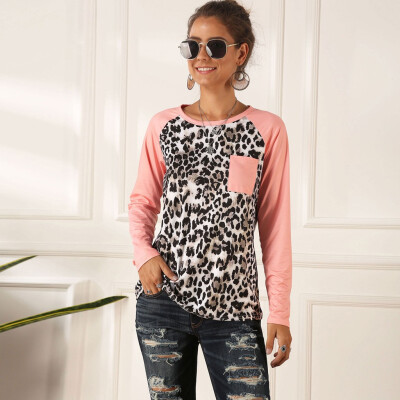 

Tailored Women Casual Leopard Print Shirt Splice Long Sleeve Pocket Blouse Loose Tops