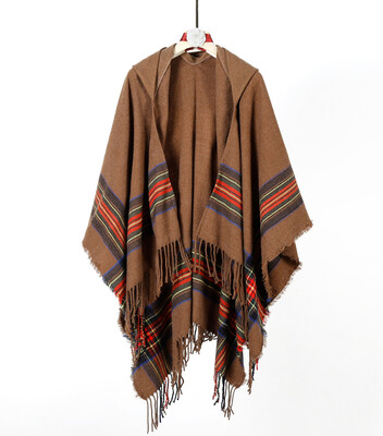 

Europe&America ladies thick color strips cashmere jacquard shawl can wear warm long fashion hooded cloak