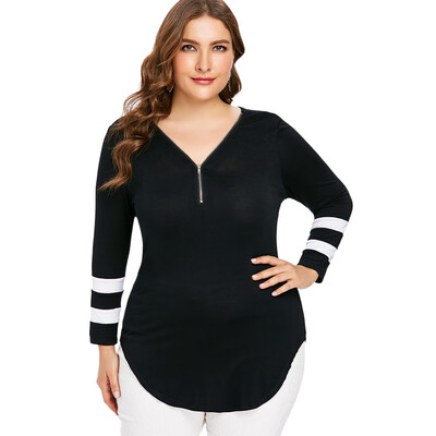 

Plus Size Striped Zip Neck Long Sleeve T-shirt
