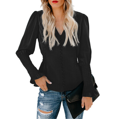 

Womens Long Sleeve Casual Button V Neck T Shirt Summer Ladies Soild Blouse Tops