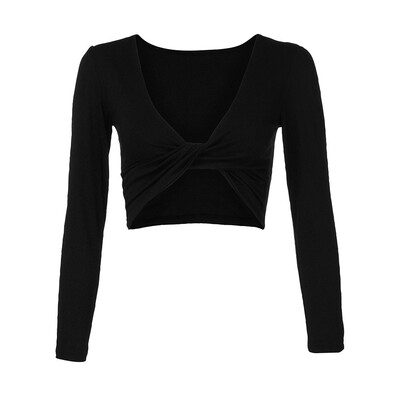 

Nomeni Fashion Womens Deep V Neck Long Sleeve Solid Slim Fit Coss Wrap Crop Tops