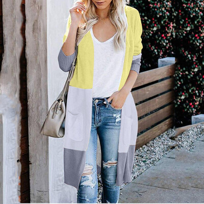 

Tailored Women Long Sleeve Color Striped Pocket Casual Knitted Outerwear Cardigan Sweater