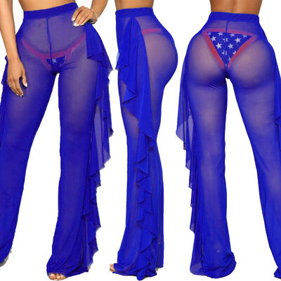 

Fashion Womens See Through Fishnet Sheer Mesh Ruffle Swimsuits Beach Bikini Cover up Lace Wide Leg Pants Swimsuit Swimwear