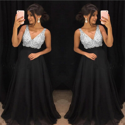

〖Follure〗Womens Sexy Solid Color Sleeveless V-Neck Sling Sequin Long Full Dress