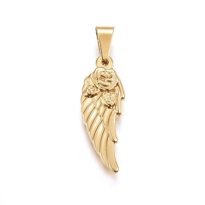 

304 Stainless Steel Pendants Large Hole Pendants Wing with Flower Golden 315x12x35mm Hole 8x5mm