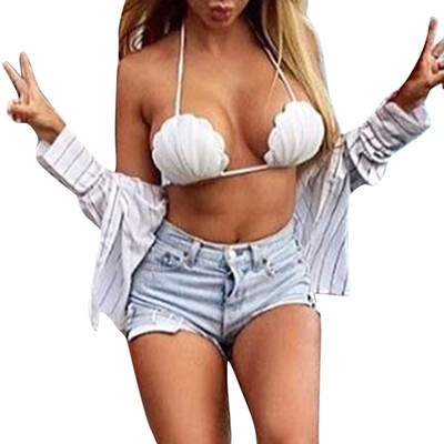 

Saidsome Women Shell Shape Bikini Solid Print Swimwear Bandage Push-Up Padded Swimsuit