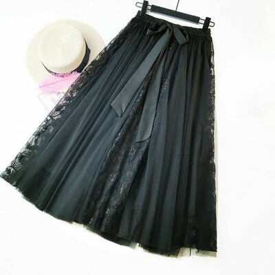 

Lady Lace Floral Mesh A-Line Midi Tulle Layered Fairy Swing Cute Long Skirt