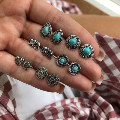 

6 PairsSet Bohemian Elephant Flower Stone Stud Earrings for Women Jewelry