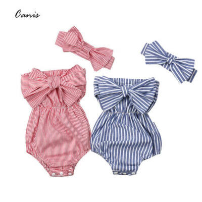 

Newborn Baby Girls Bow Striped Romper Bodysuit Jumpsuit Headband Outfits Sunsuit