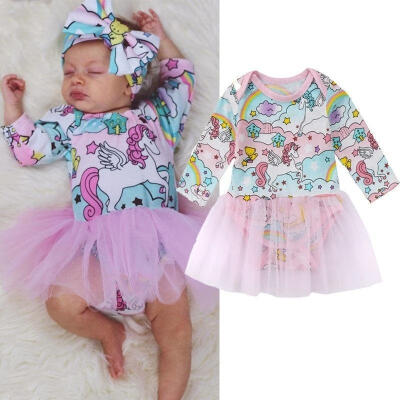 

Newborn Baby Girls Unicorn Romper Outfits Cartoon Bodysuit Tull Skirts Dress 0-18M