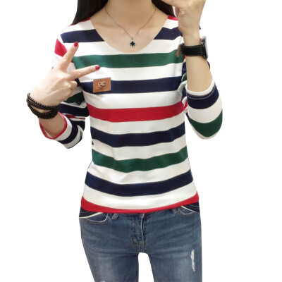 

Female T-shirt Striped Long Sleeve Cotton Slim Round Collar Shirt Casual Wild Women Tops