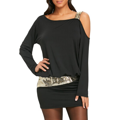 

Long Sleeve Sequins Cold Shoulder Blouson Dress