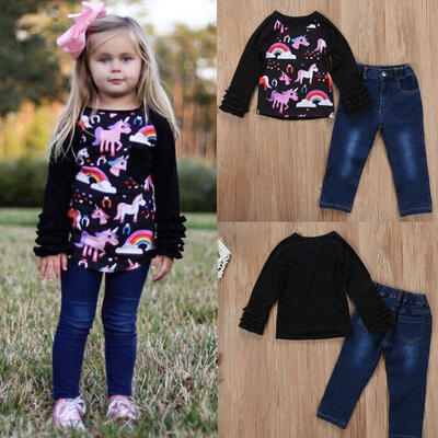 

2PCS Toddler Girls Kids Unicorn Tops Denim Pants Jeans Outfits Clothes Sz 1-7Y
