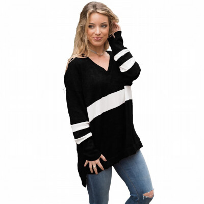 

Gray V-neck long-sleeved striped stitching loose casual sports sweatshirt womens