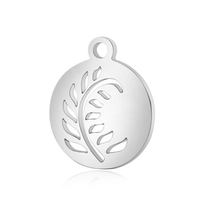 

304 Stainless Steel Charms Flat Round with Leaf Stainless Steel Color 14x12x1mm Hole 15mm