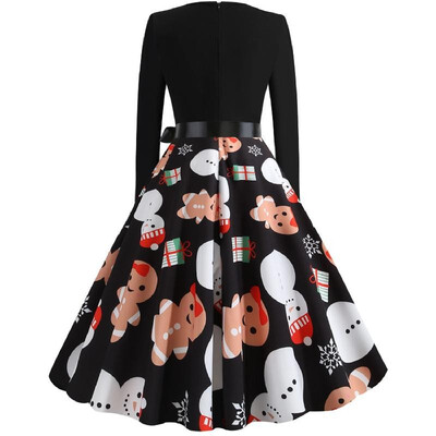 

L8079 Cross-border Christmas retro large size womens autumn&winter round neck long-sleeved color print large dress black