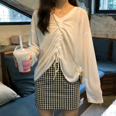 

Simple Women T Shirt Autumn Sexy V Neck Solid Color Drawstring Loose Long Sleeve Tee Casual T-Shirt Tops