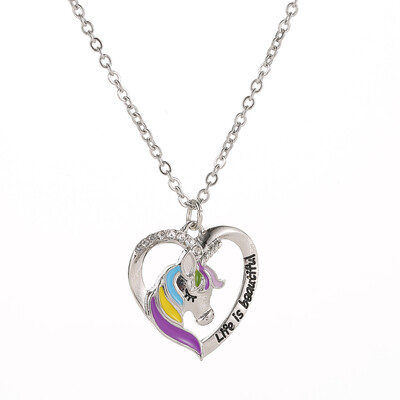 

New Women Girls Fashion Unicorn Heart Pendnat Necklace Colorful Horse Pendent Pony Drop Oil Jewelry Gift